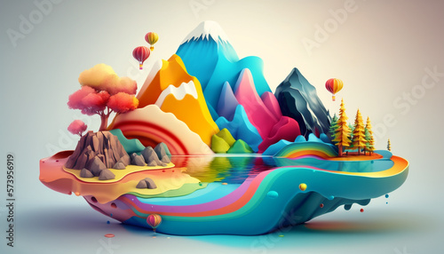 Fantastic sureal float island landscape with colorful mountain with lake and snow. Generative AI.