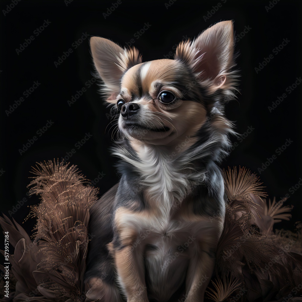 Chihuahua posing in the fantasy wilderness. Dog portrait.
