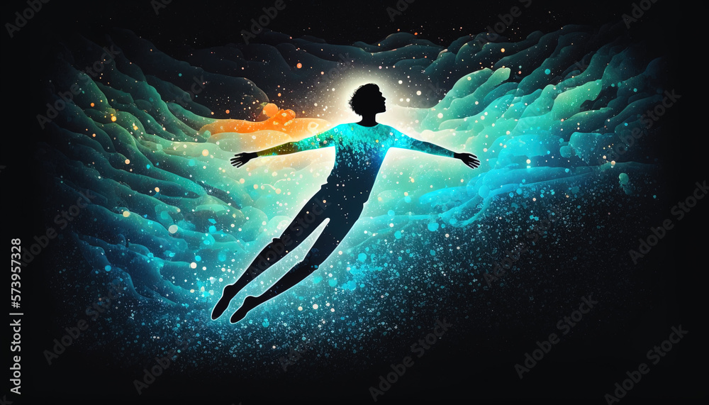 Human soul levitating in space background, astral body concept, esoteric, afterlife and connection with other worlds, spirituality, ascension. Generative AI.