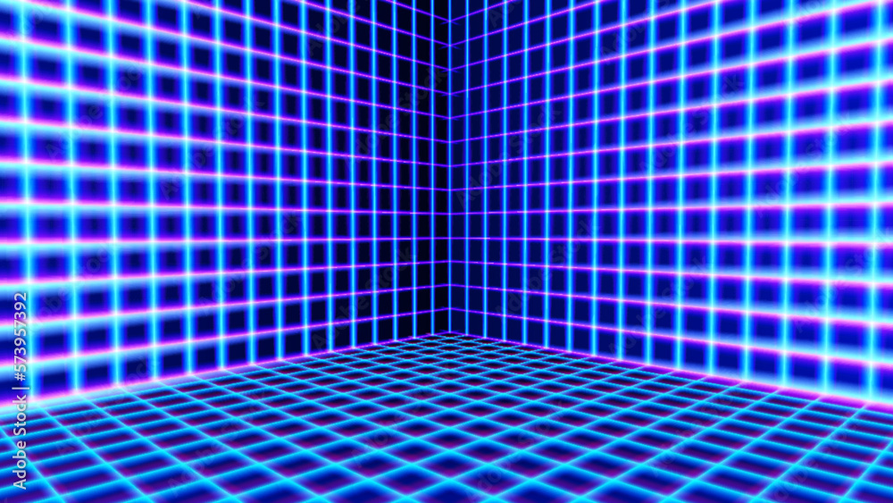 Fototapeta premium Neon room corner with 80s styled laser grid in synthwave style. 3D interior with wireframe neon walls.