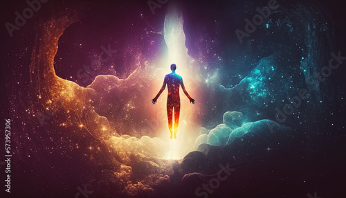 Human soul levitating in space background, astral body concept, esoteric, afterlife and connection with other worlds, spirituality, ascension. Generative AI.