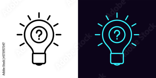 Outline idea lamp icon, with editable stroke. Lamp frame with question mark, find idea. Inspiration search, creative solution, quest and puzzle, questionnaire and quiz.