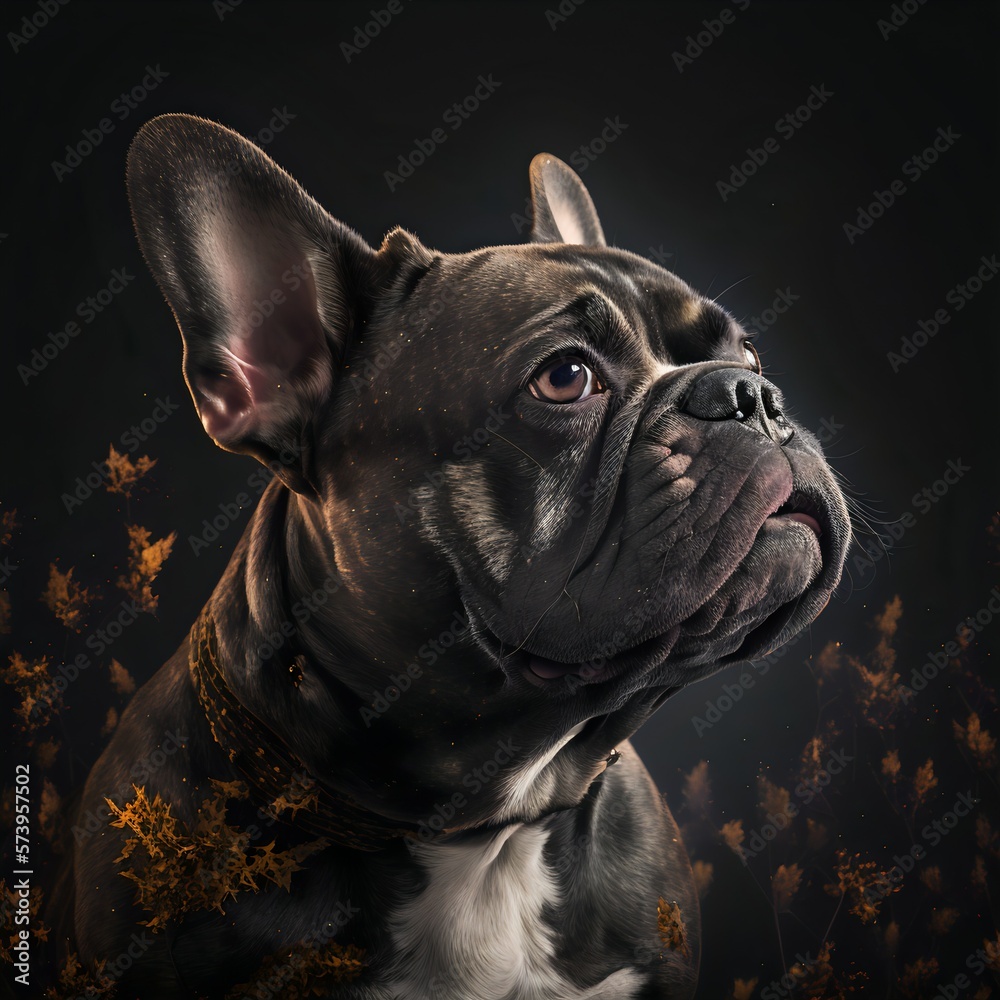 French bulldog posing in the fantasy wilderness. Dog portrait.