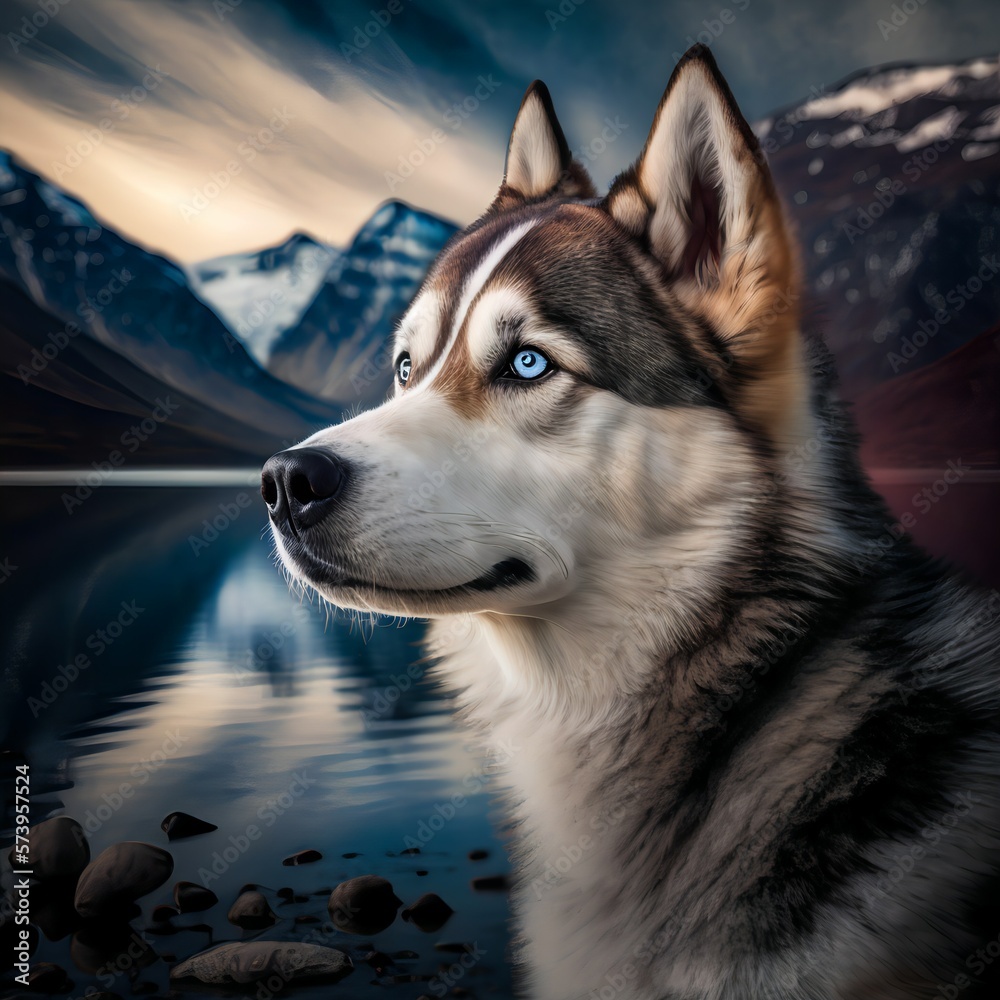 Obraz premium Husky posing in the fantasy wilderness. Dog portrait.