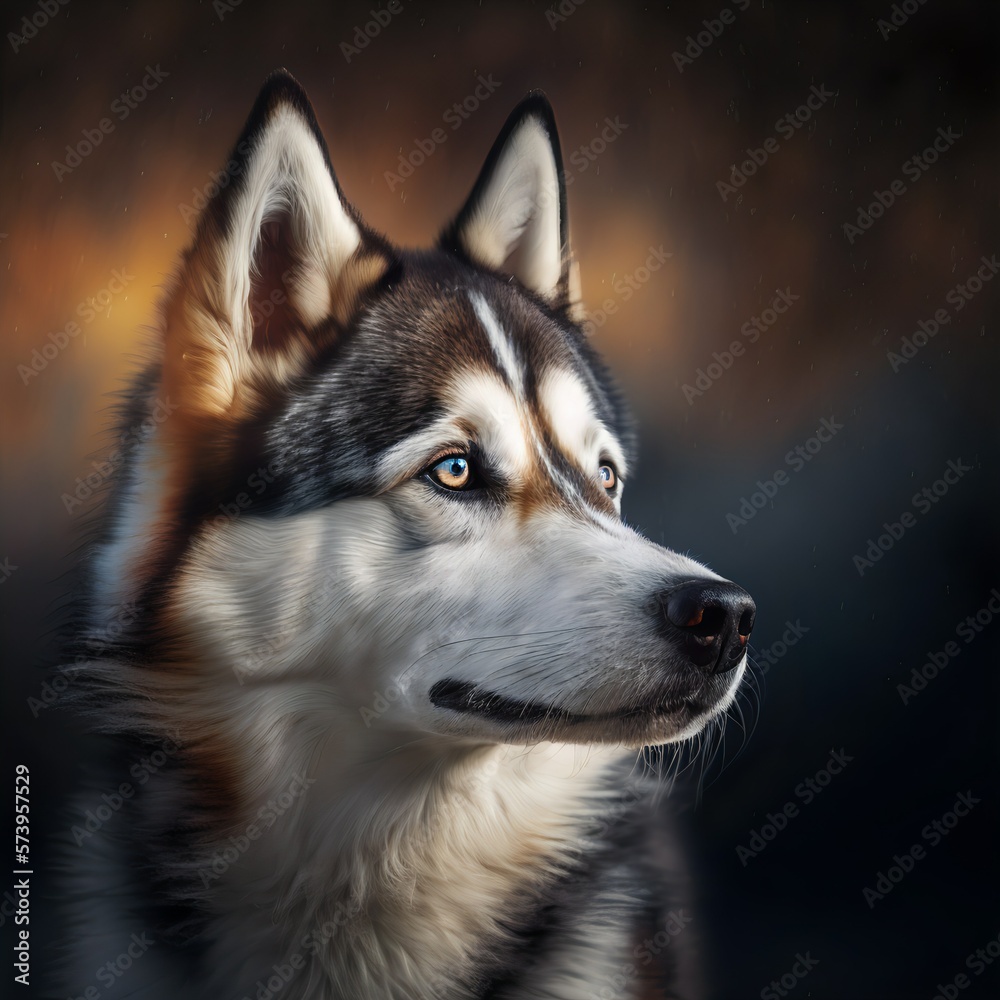 Husky posing in the fantasy wilderness. Dog portrait.