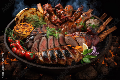 deliciously arranged grill plate with meat and vegetables. Generative AI