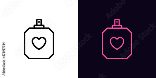 Outline perfume bottle icon, with editable stroke. Parfum bottle frame with heart sign, love perfume pictogram. Favorite fragrance, aromatic water flacon, romantic flavor, aroma perfumery.