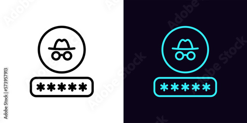 Outline password icon, with editable stroke. Input password with incognito sign, private access pictogram. Hacker attack, personal data theft, account hacking, spying, internet security.