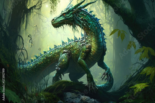 illustration of a big green dragon in the green forest. Generative AI