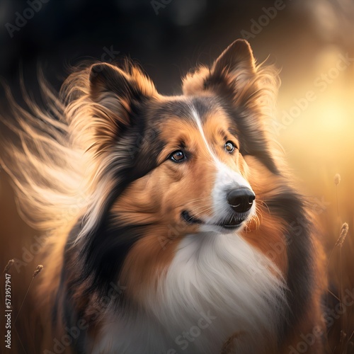 Collie posing in the fantasy wilderness. Dog portrait.