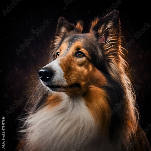 Collie posing in the fantasy wilderness. Dog portrait.