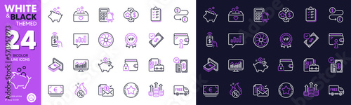 Loyalty points, Wallet and Lock line icons for website, printing. Collection of Loyalty star, Accounting report, Money transfer icons. Budget, Vip award, Piggy bank web elements. Vector