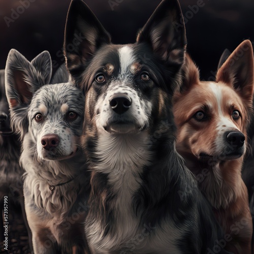 Pack of dogs posing in the fantasy wilderness. Dog portraits.