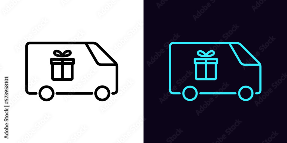 Outline delivery wagon icon, with editable stroke. Minivan with gift box sign, order delivery pictogram. Auto courier shipment, distribution service, express shipping gifts. Outline delivery wagon icon, with editable stroke. Minivan with gift box sign, order delivery pictogram. Auto courier shipment, distribution service, express shipping gifts.