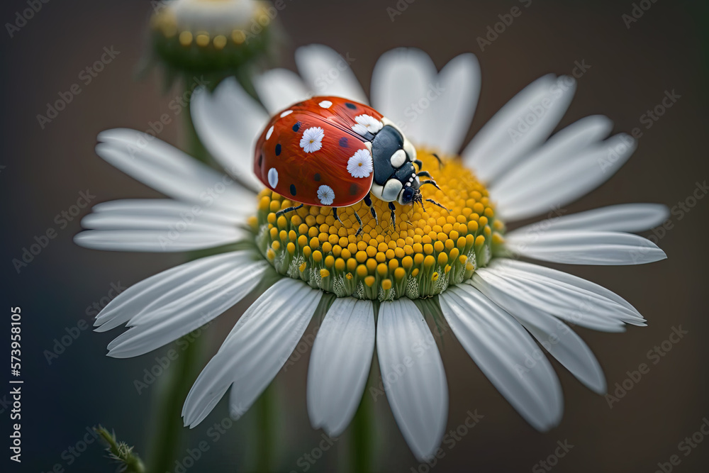 ladybug sits on a chamomile flower. closeup. Generative AI