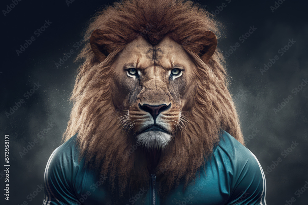 lion in sports suit in gym. Generative AI