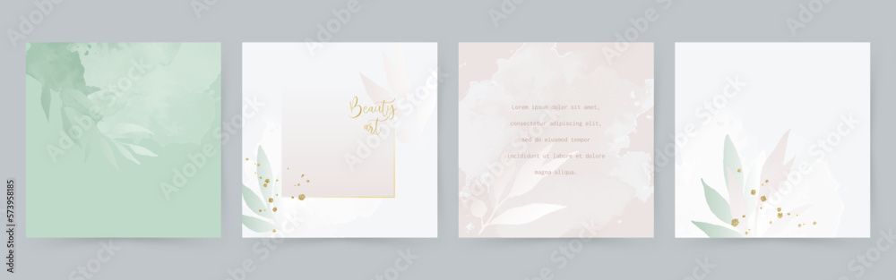 Watercolor floral layouts in pastel. Elegant background design for wedding invitation, social media post, postcard, jewelry.