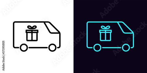 Outline delivery wagon icon, with editable stroke. Minivan with gift box sign, order delivery pictogram. Auto courier shipment, distribution service, express shipping gifts.