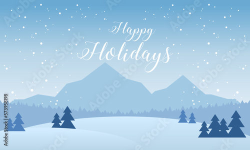 Happy Holidays with Blue Mountains Winter Snowy and Pines Forest Vector Illustration  © Tweenytree23