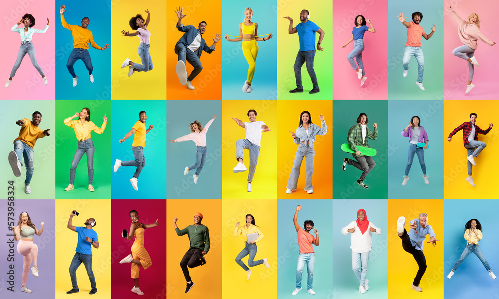 Carefree People. Diverse Positive Men And Women Having Fun Over Bright Backgrounds - obrazy, fototapety, plakaty 