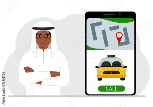 A man next to a large smartphone on the screen which has a taxi and geolocation. The concept of a mobile taxi application or ordering a taxi online.