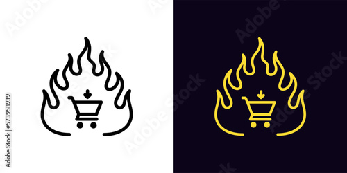Fototapeta Naklejka Na Ścianę i Meble -  Outline hot offer icon, with editable stroke. Fire frame with shop cart sign, hot online shopping pictogram. Top best purchases, super fire sale, popular online stores, bestseller hit.