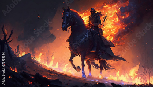a man riding on the back of a horse next to a fire