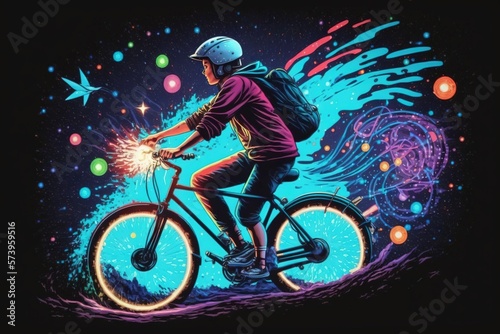  a man riding a bike with a sparkler in his hand. generative ai