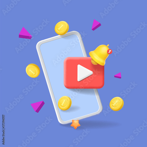 Video live streaming on mobile phone. Bell notification and online video. Social media and make money passive income. Smartphone, vlog icon, video content monetization 3d concept.