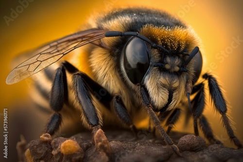 Bee in macro close-up, AI generated. In ancient Egyptian mythology, honey bees were believed to be born from the tears of the Sun God, Ra.