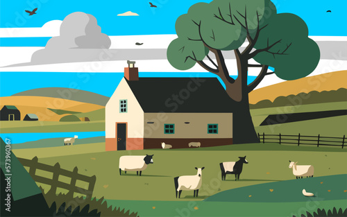 Farm scene in nature with animals. Flat vector illustration. vector nature background with separated layers for game design