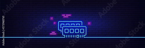 Neon light glow effect. Ram line icon. Computer random-access memory component sign. 3d line neon glow icon. Brick wall banner. Ram outline. Vector
