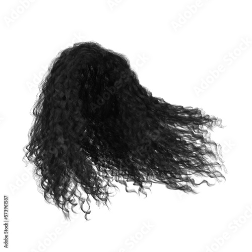 3d rendering curly black dark hair isolated 