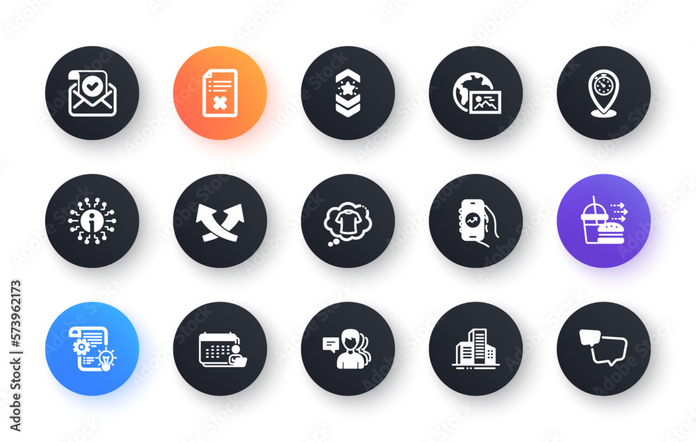Minimal set of Info, Cogwheel and Food delivery flat icons for web development. Intersection arrows, Reject file, T-shirt icons. Confirmed mail, Timer, Buildings web elements. Accounting. Vector
