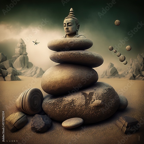 Tower of stones Zen style on the top of the tower Buddha head in nature on the background of rocks with Generative AI