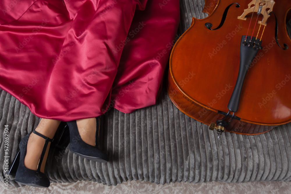Obraz premium On the bed, woman's legs in a red dress, black high-heeled shoes, and a cello next to her.