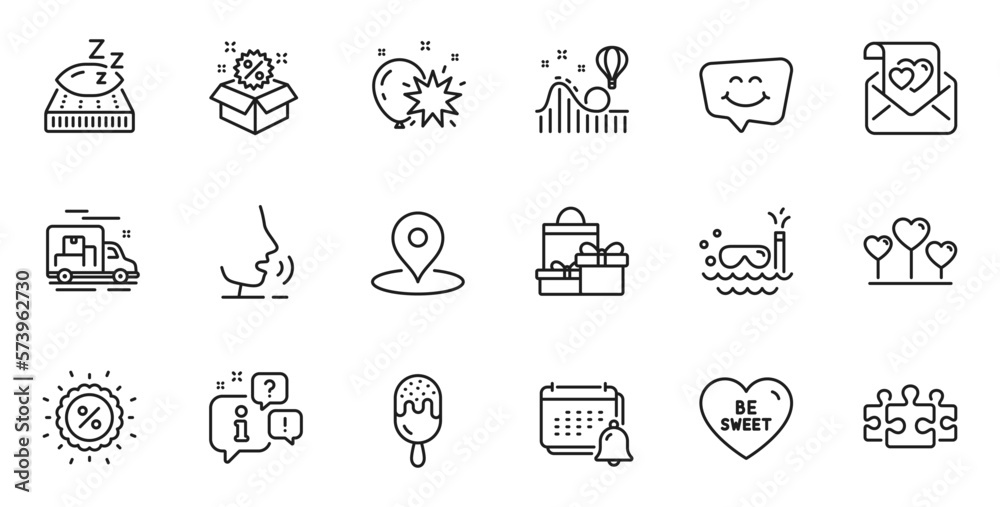 Outline set of Ice cream, Smile chat and Be sweet line icons for web application. Talk, information, delivery truck outline icon. Include Love heart, Discount, Pin icons. Vector Outline set of Ice cream, Smile chat and Be sweet line icons for web application. Talk, information, delivery truck outline icon. Include Love heart, Discount, Pin icons. Vector