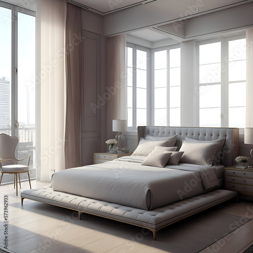 Image of a luxurious bedroom. Has an interesting decoration and a great setting out. Equipped with a queen size bed. Morning sunlight enters the room through the large windows. 