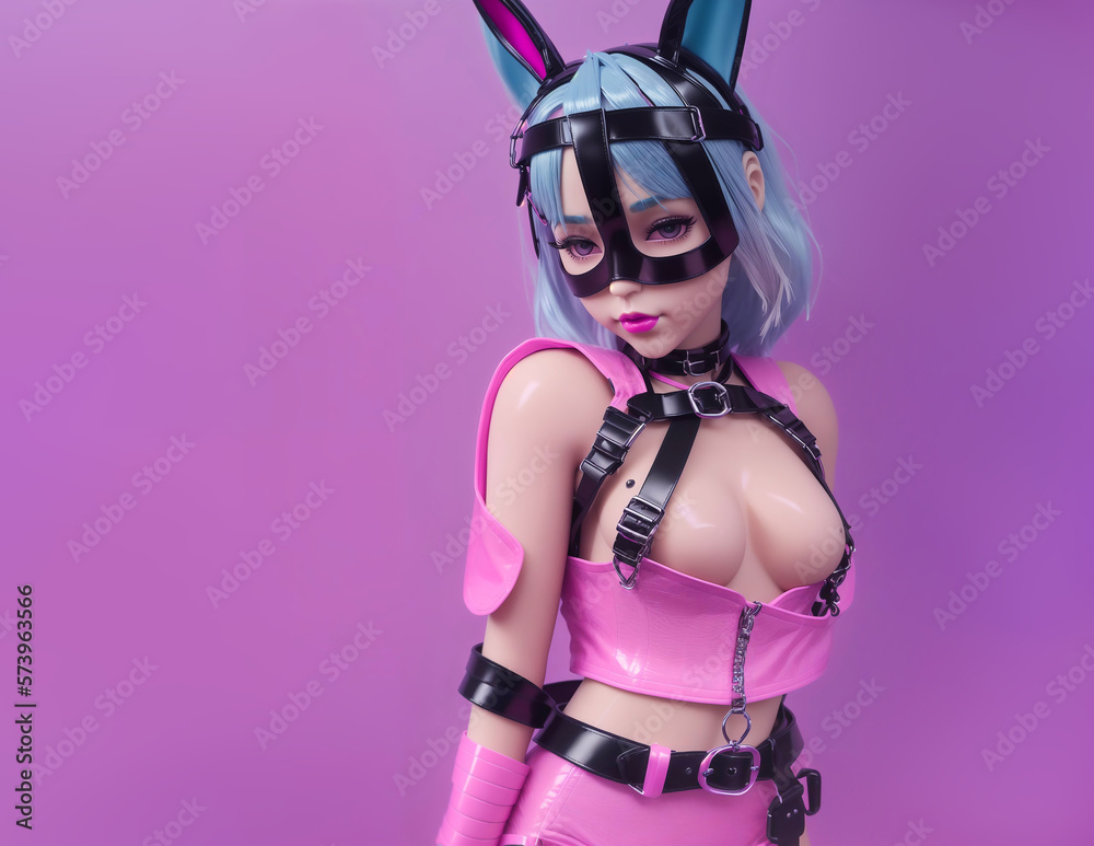 Sexy anime doll girl from a sex shop in a leather bdsm belt on a pink background copy paste created by Generative AI