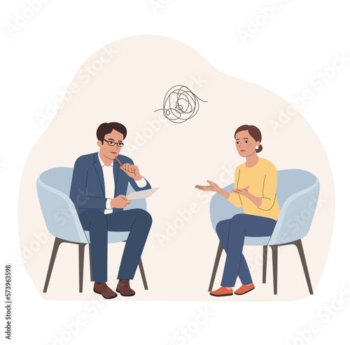 Psychiatrist  man work with woman on the chairs. Psychological consultation. Vector flat style illustration