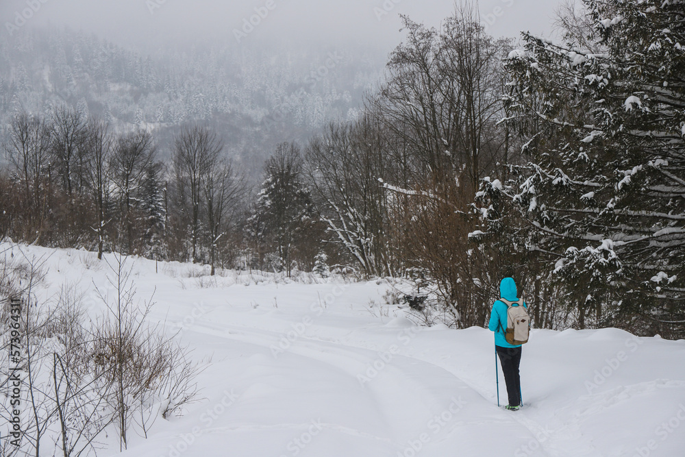 Gloomy photo of a hiker girl walking through a dark forest during a snowstorm; hiking in the mountains during a cold winter