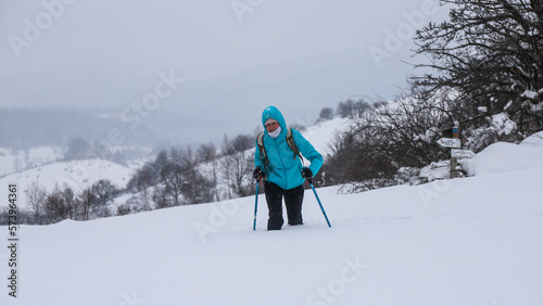Bilde på lerret hiker girl trudges through knee-high snow; tough crossing of thick snow while cl