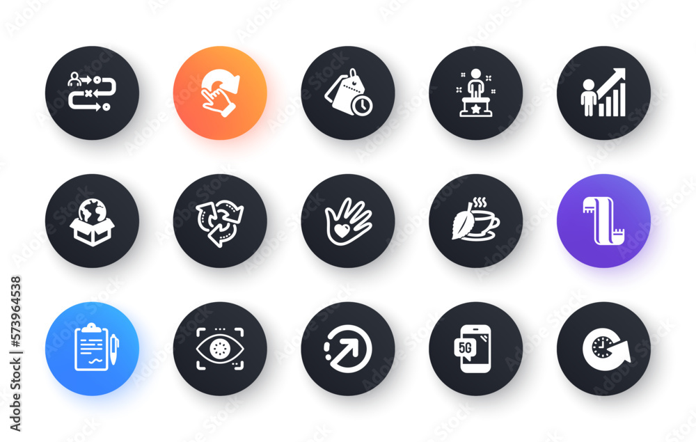 Minimal set of Delivery service, Rotation gesture and Recycle flat icons for web development. Direction, Employee result, Time management icons. Social responsibility, Mint tea. Vector Minimal set of Delivery service, Rotation gesture and Recycle flat icons for web development. Direction, Employee result, Time management icons. Social responsibility, Mint tea. Vector