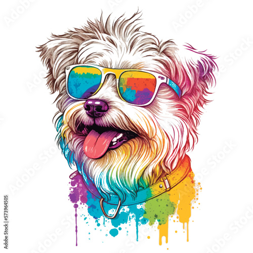 Cute happy dog wearing sunglasses. Artwork for t-shirt print. © Itamara