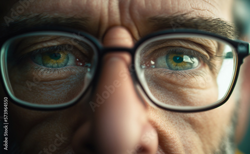 Vision, eye care concept - close up of middle age man eyes in glasses.