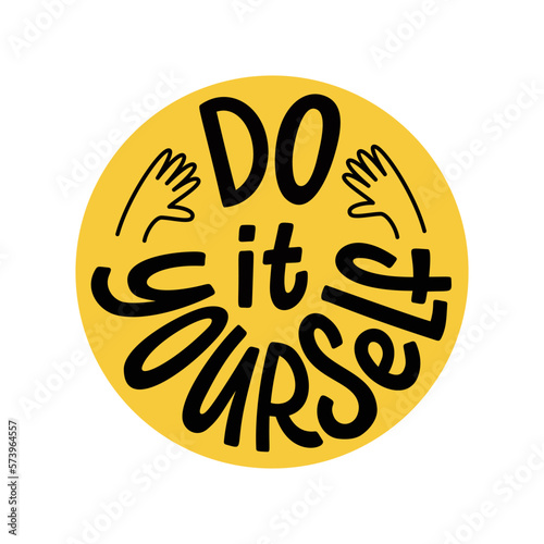 DO IT YOURSELF. DIY Lettering abbreviation logo circle stamp with doodle hands. Vector illustration. Round Template for print design label, badge rubber seal stamp on white background. Yellow color