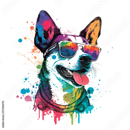 Cute happy dog wearing sunglasses. Artwork for t-shirt print.