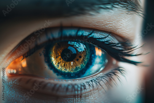 Macro photo of human eye, iris, pupil, eye lashes, eye lids. Vision optical care concept. Generative ai.
