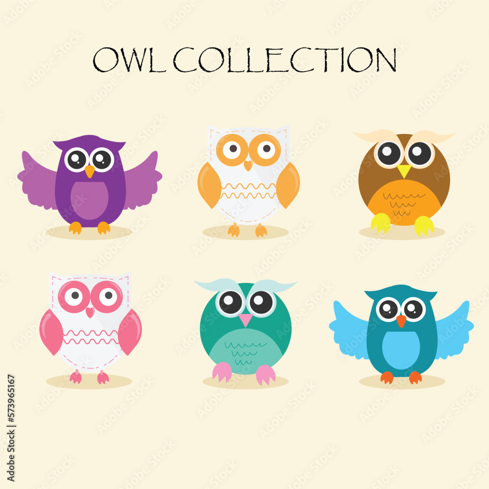 Illustration of colorful cartoon funny owls 
