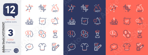 Set of Currency exchange, Checkbox and Hot sale line icons. Include Information bell, Budget accounting, Chemical formula icons. Pay, Student, Confirmed web elements. Approved. Vector
